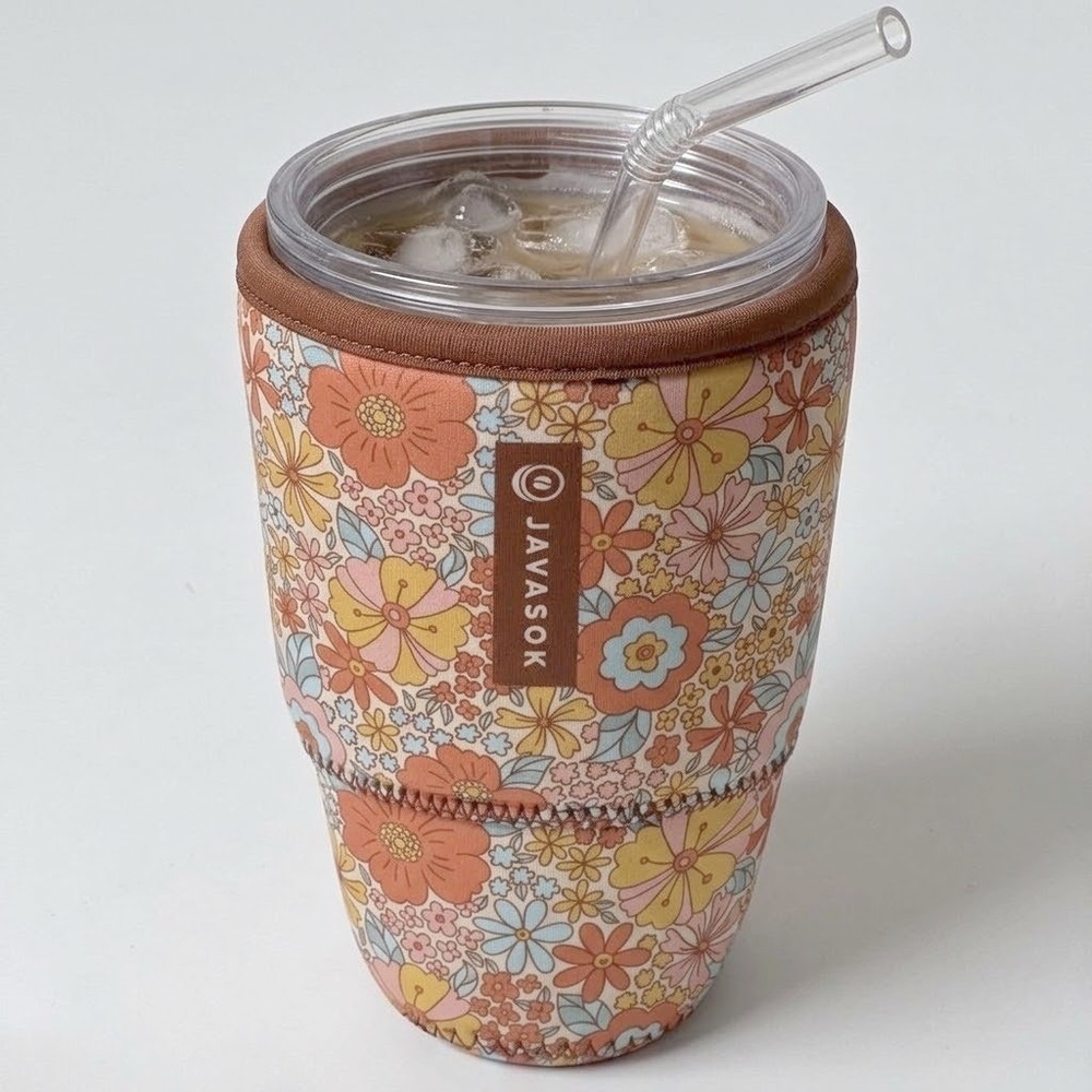 Sok-It JavaSok Cold Cup Sleeve 30-32oz Orange Retro Floral Neoprene Insulator